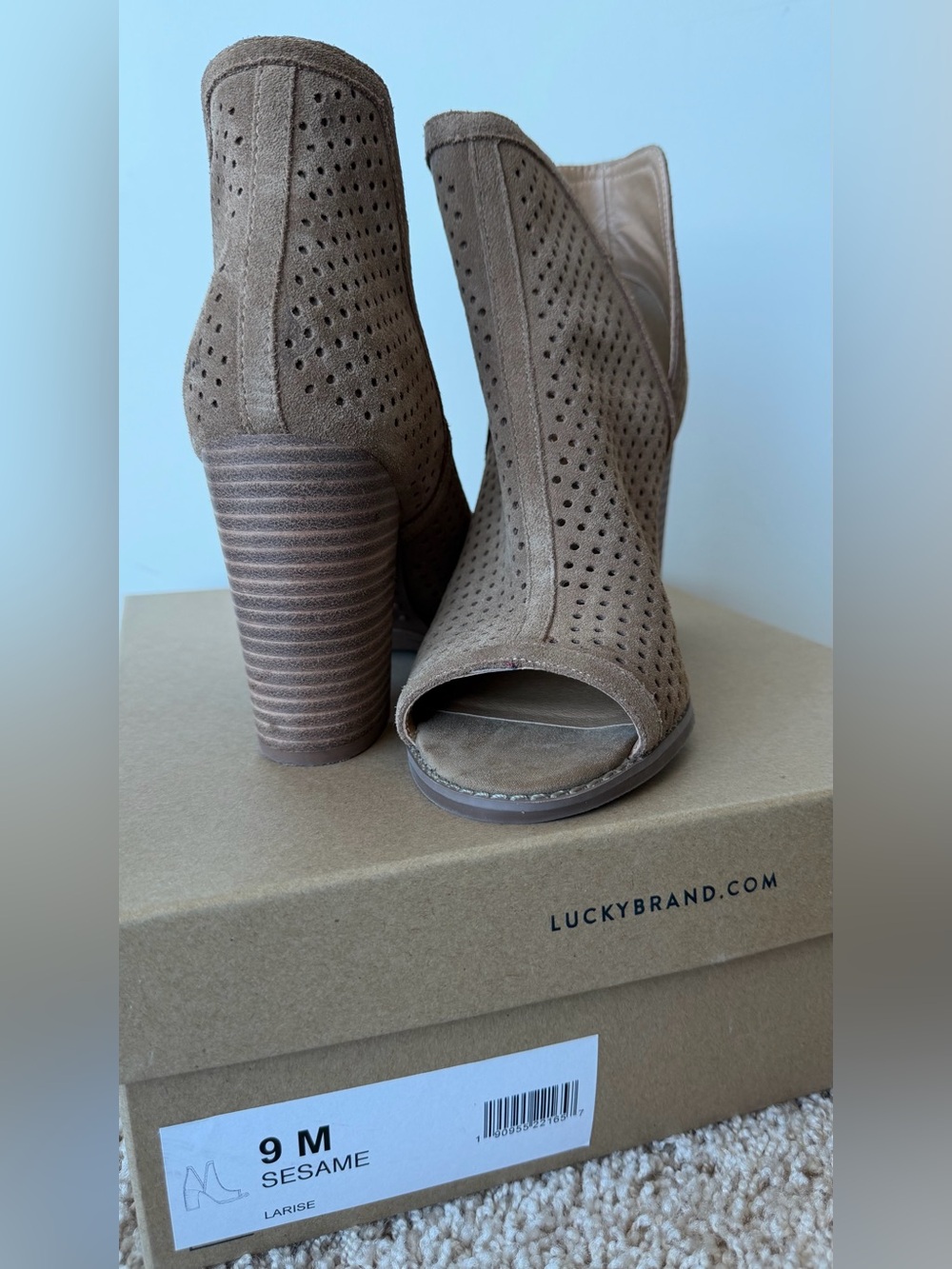 Lucky Brand Suede Perforated Peep-Toe Block Heel Booties - Taupe - Picture 2 of 4